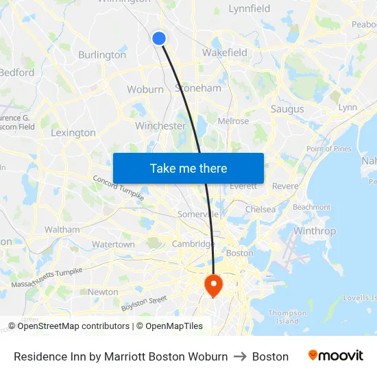 Residence Inn by Marriott Boston Woburn to Boston map