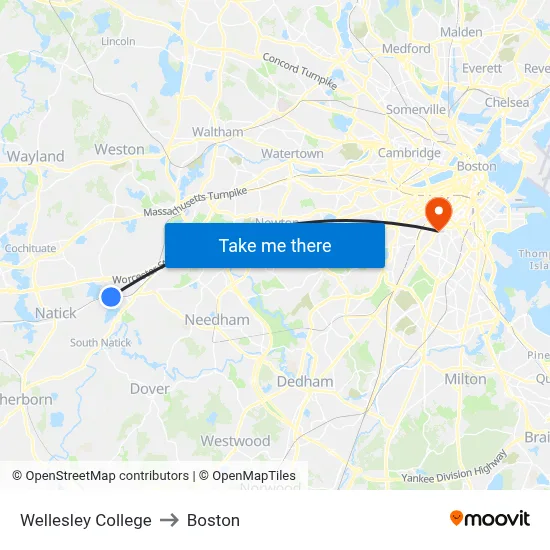 Wellesley College to Boston map