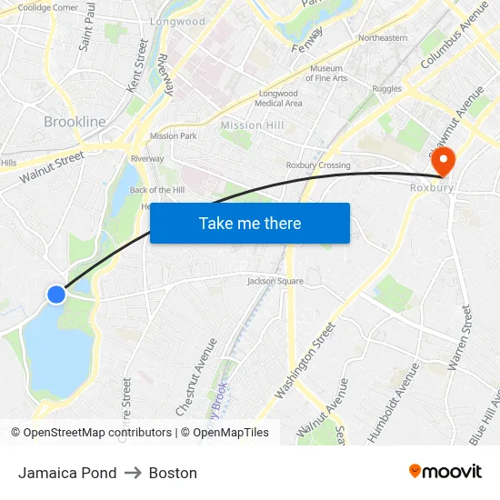 Jamaica Pond to Boston map
