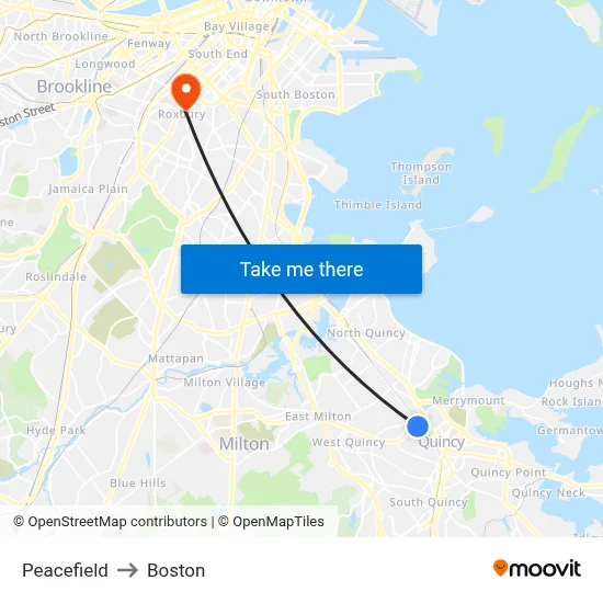 Peacefield to Boston map