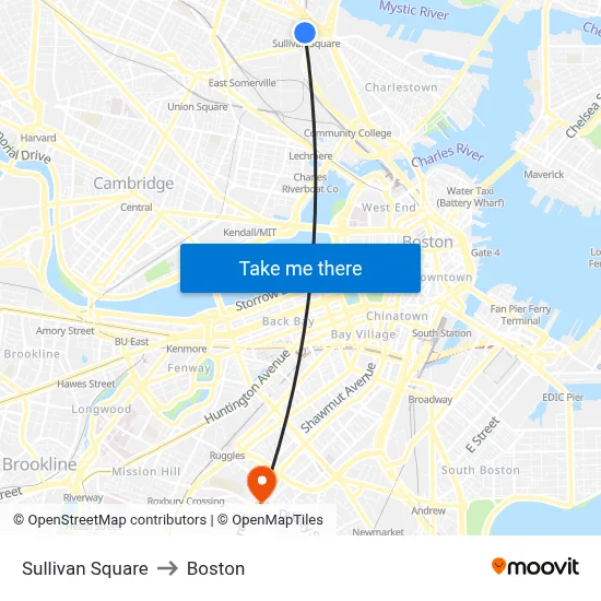 Sullivan Square to Boston map