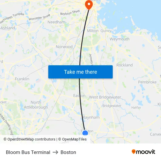 Bloom Bus Terminal to Boston map