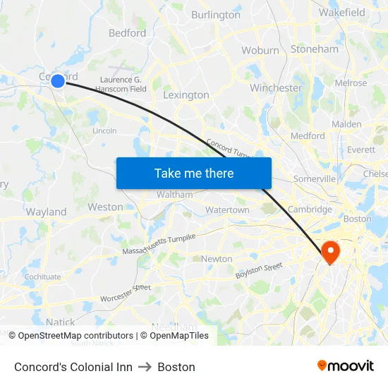 Concord's Colonial Inn to Boston map