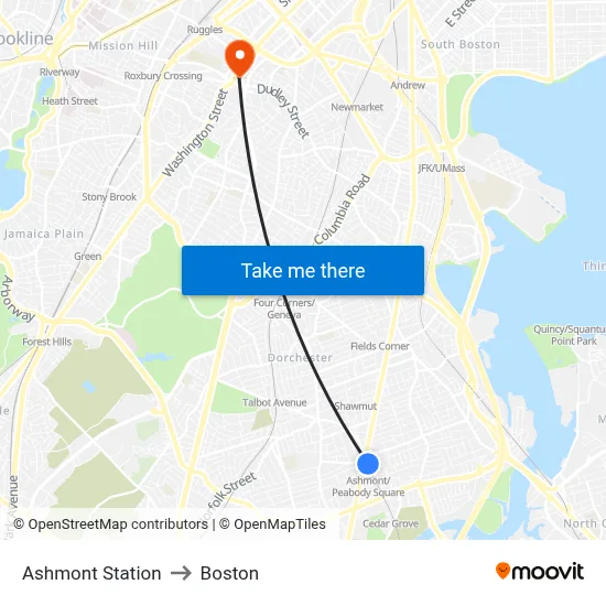 Ashmont Station to Boston map