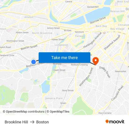 Brookline Hill to Boston map