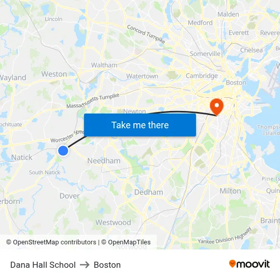 Dana Hall School to Boston map