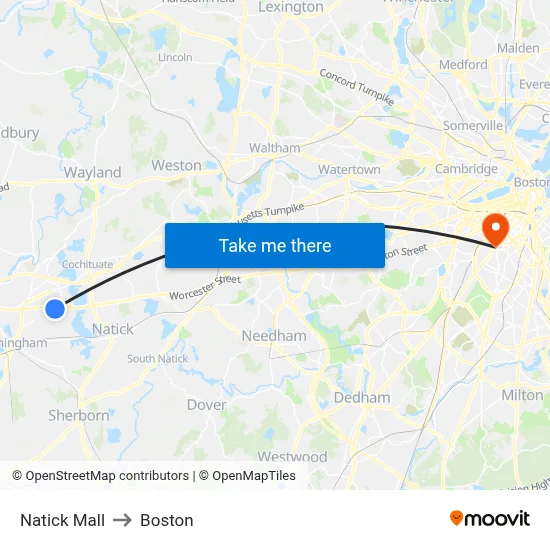 Natick Mall to Boston map