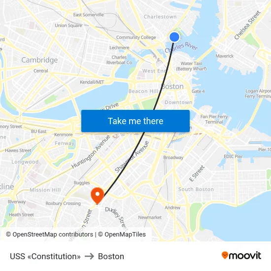 USS «Constitution» to Boston map