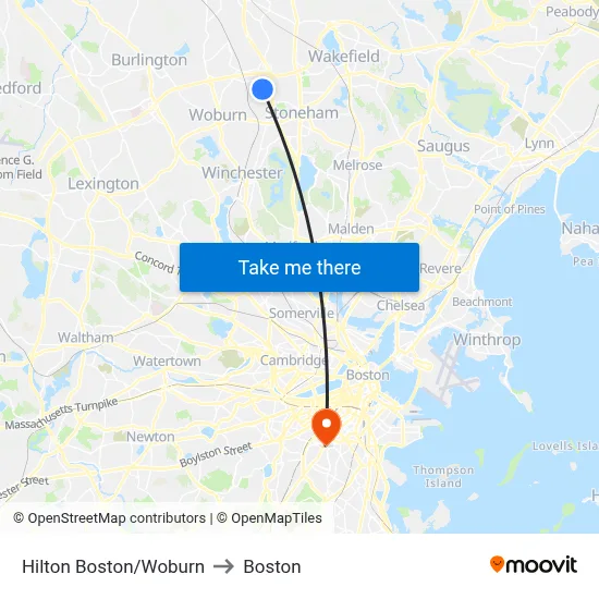 Hilton Boston/Woburn to Boston map