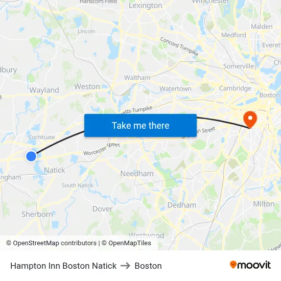 Hampton Inn Boston Natick to Boston map