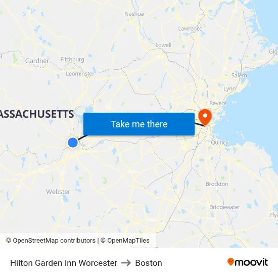 Hilton Garden Inn Worcester to Boston map