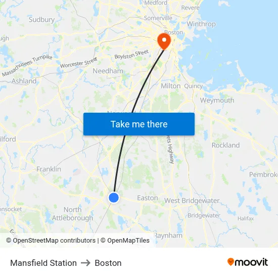 Mansfield Station to Boston map
