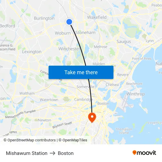 Mishawum Station to Boston map