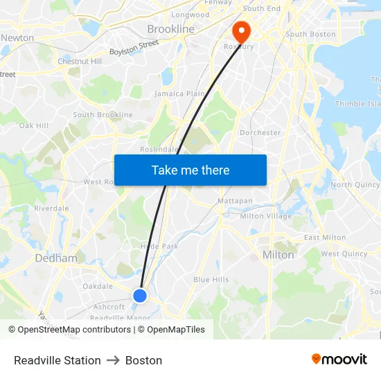 Readville Station to Boston map