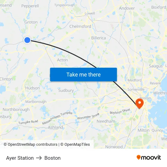Ayer Station to Boston map