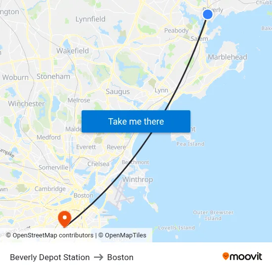 Beverly Depot Station to Boston map