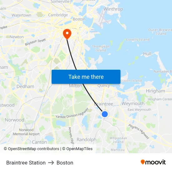 Braintree Station to Boston map
