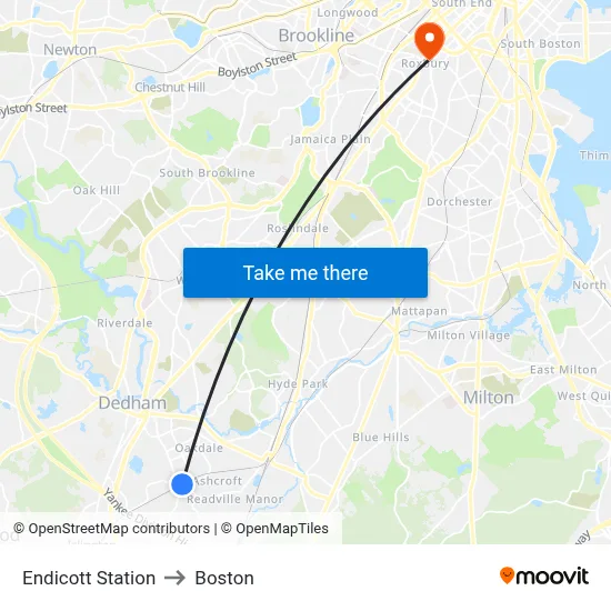 Endicott Station to Boston map