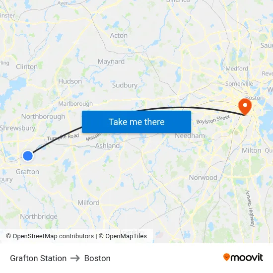 Grafton Station to Boston map