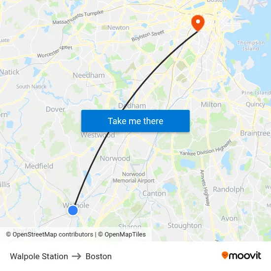 Walpole Station to Boston map