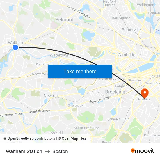 Waltham Station to Boston map