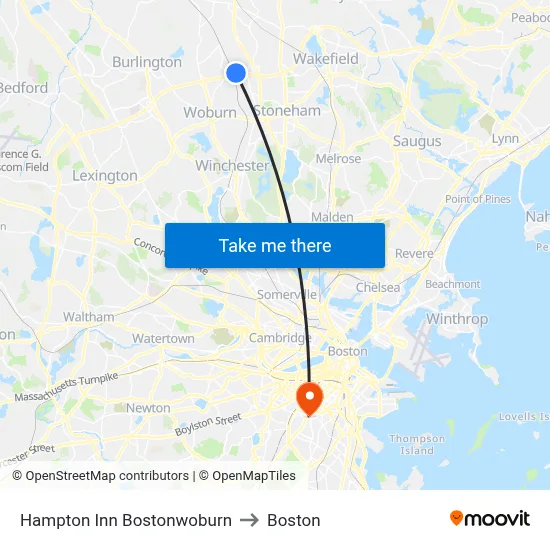 Hampton Inn Bostonwoburn to Boston map
