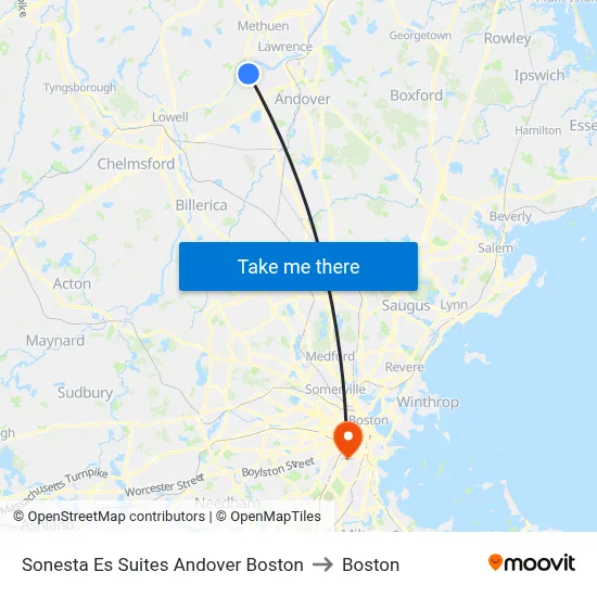 Sonesta Es Suites Andover Boston to Boston map