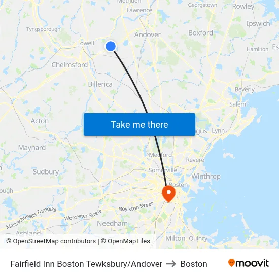 Fairfield Inn Boston Tewksbury/Andover to Boston map