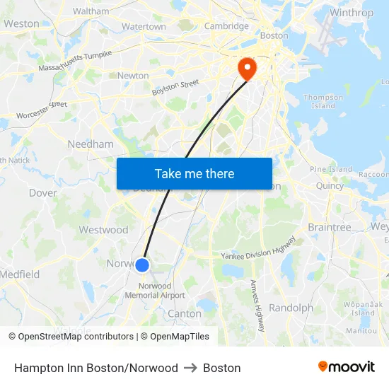 Hampton Inn Boston/Norwood to Boston map