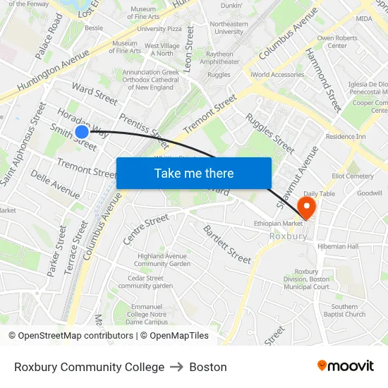 Roxbury Community College to Boston map