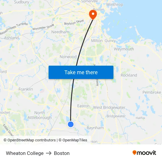 Wheaton College to Boston map