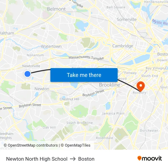 Newton North High School to Boston map