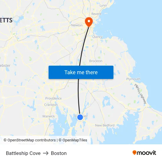Battleship Cove to Boston map