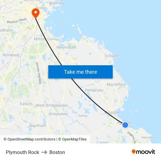 Plymouth Rock to Boston map