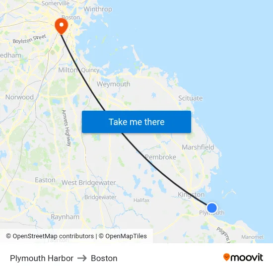 Plymouth Harbor to Boston map