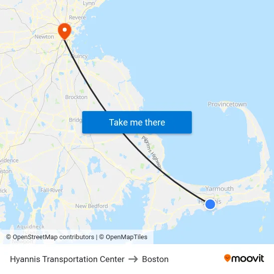 Hyannis Transportation Center to Boston map