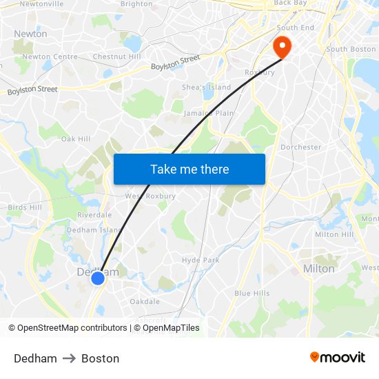 Dedham to Boston map