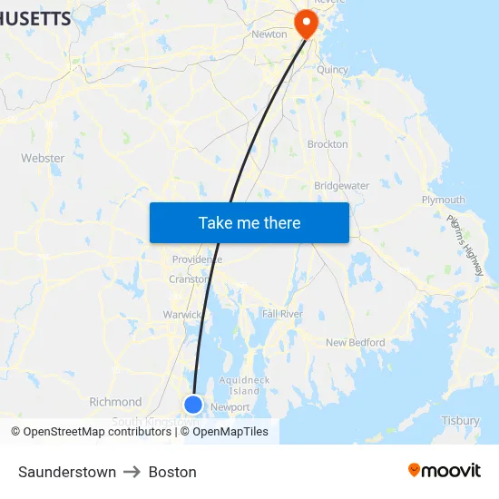 Saunderstown to Boston map