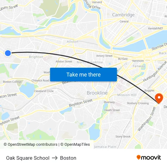Oak Square School to Boston map