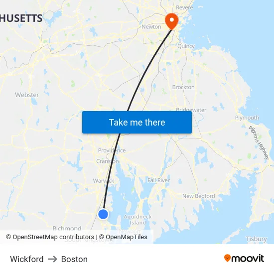 Wickford to Boston map