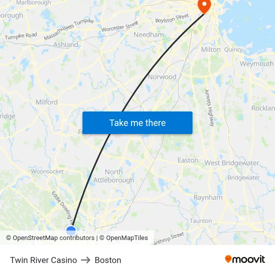 Twin River Casino to Boston map