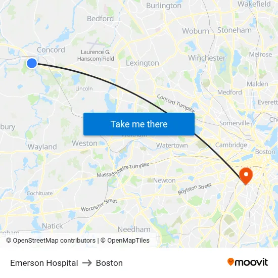 Emerson Hospital to Boston map