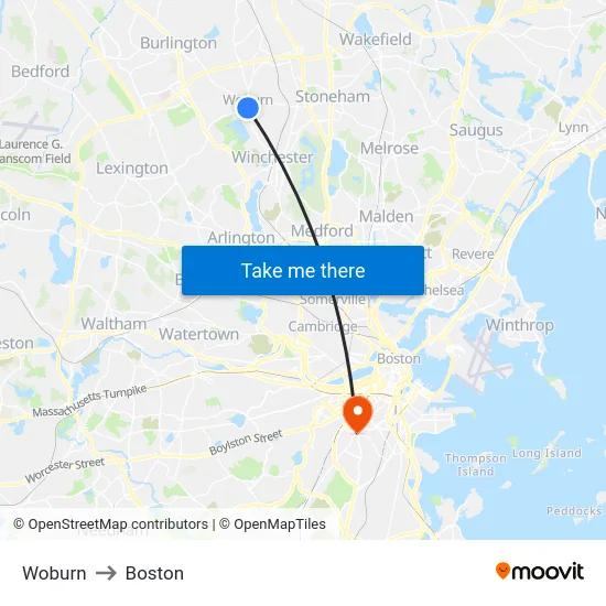 Woburn to Boston map