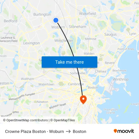 Crowne Plaza Boston - Woburn to Boston map