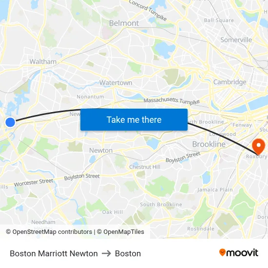 Boston Marriott Newton to Boston map