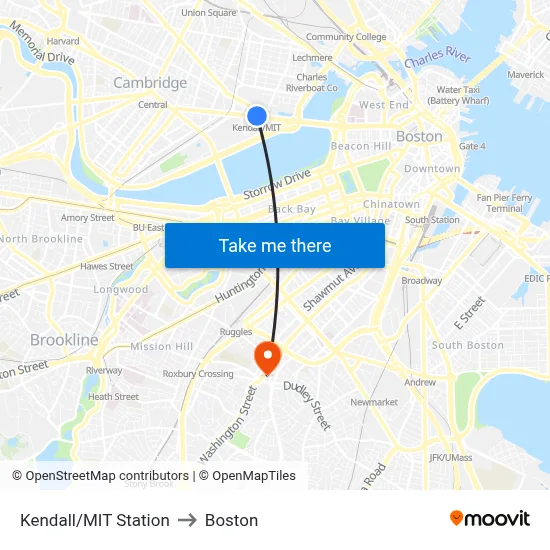 Kendall/MIT Station to Boston map