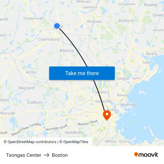 Tsongas Center to Boston map
