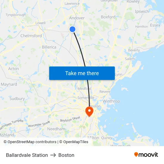 Ballardvale Station to Boston map