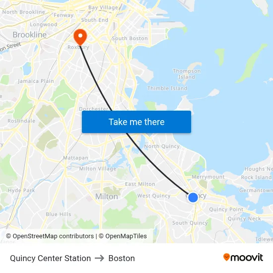 Quincy Center Station to Boston map