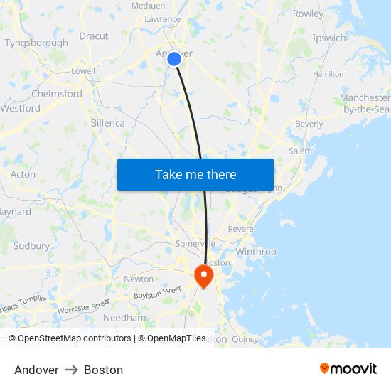 Andover to Boston map
